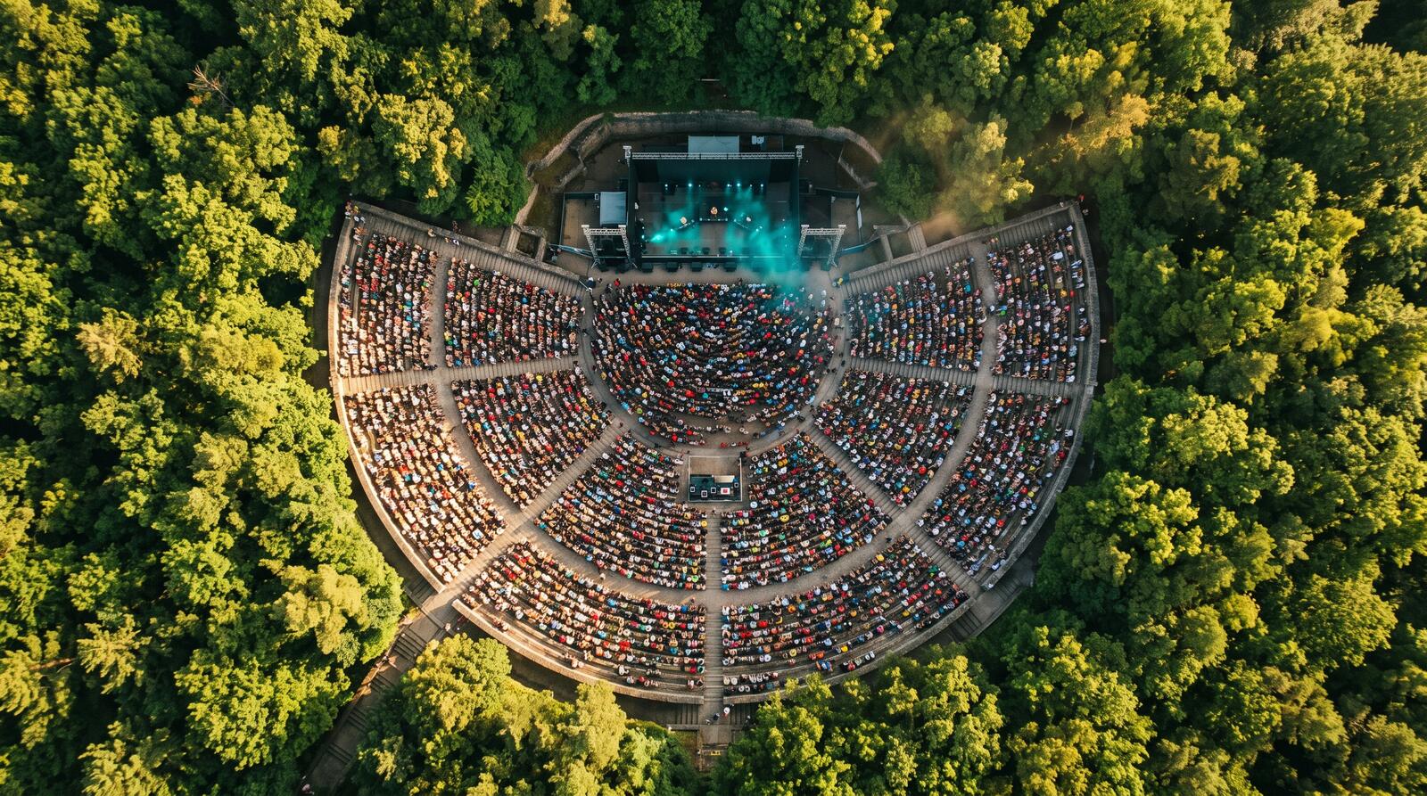 Aerial view of the stone amphitheatre packed with people, set deep inside a forest, stage lit teal