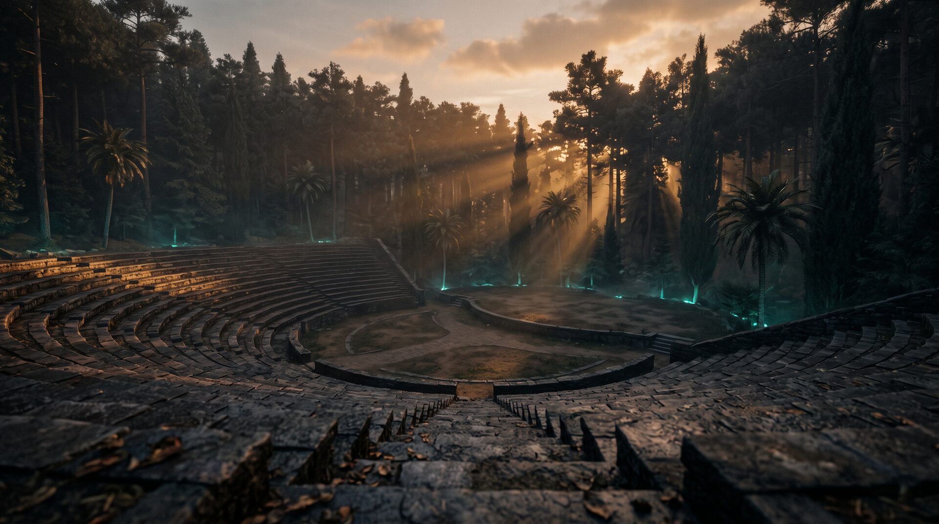 The stone amphitheatre of Tapada da Ajuda at sunset, god-rays through the pines, teal stage-lights glowing in the granite bowl