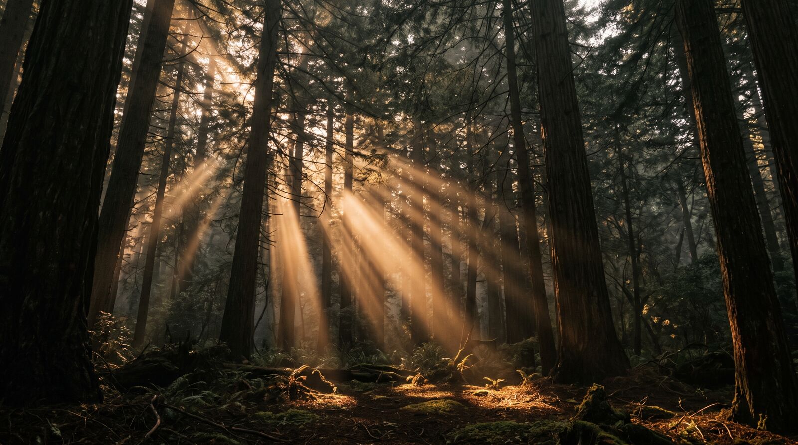 Golden shafts of light cutting through a dense forest at the edge of the park