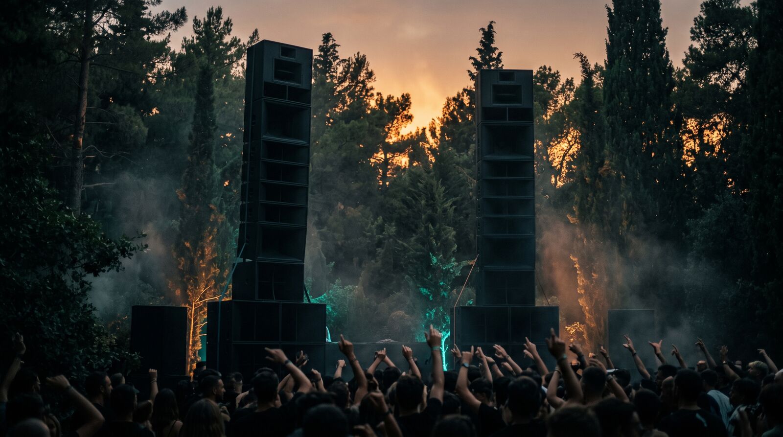 Two tall line-array speaker stacks among pine trees at sunset, hands raised in the crowd below